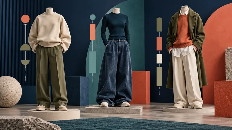 Drei markenfreie Outfits zeigen Oversized-Oberteil, baggy Hose und sichtbare Layering-Längen