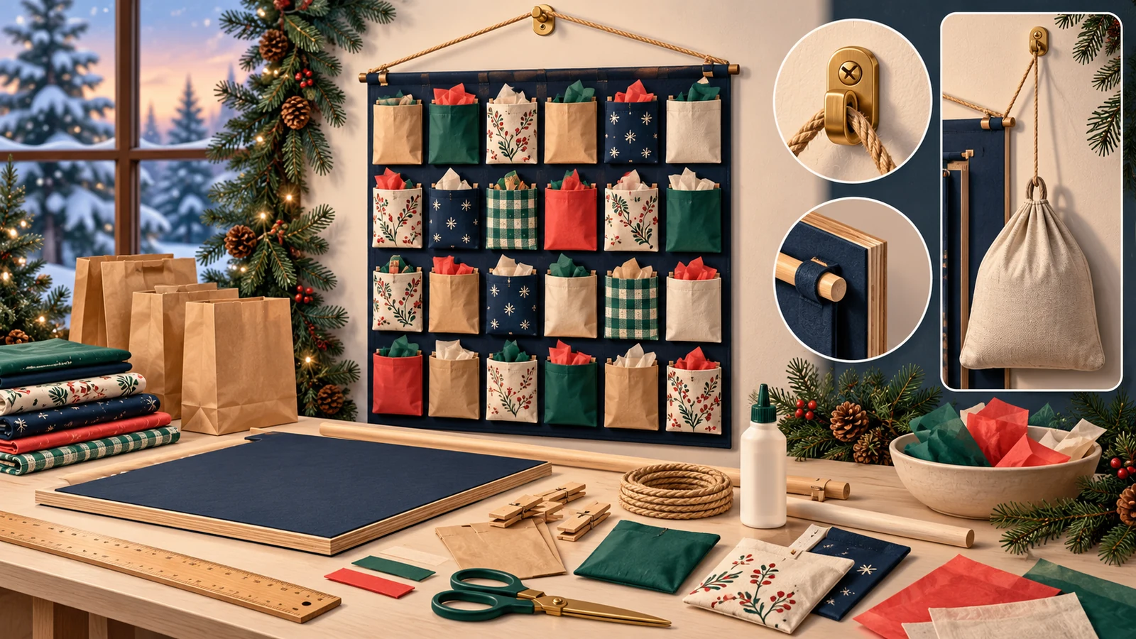 Wiederverwendbarer Wand-Adventskalender mit Taschen, stabiler Rückwand, Bastelmaterial und geprüfter Aufhängung