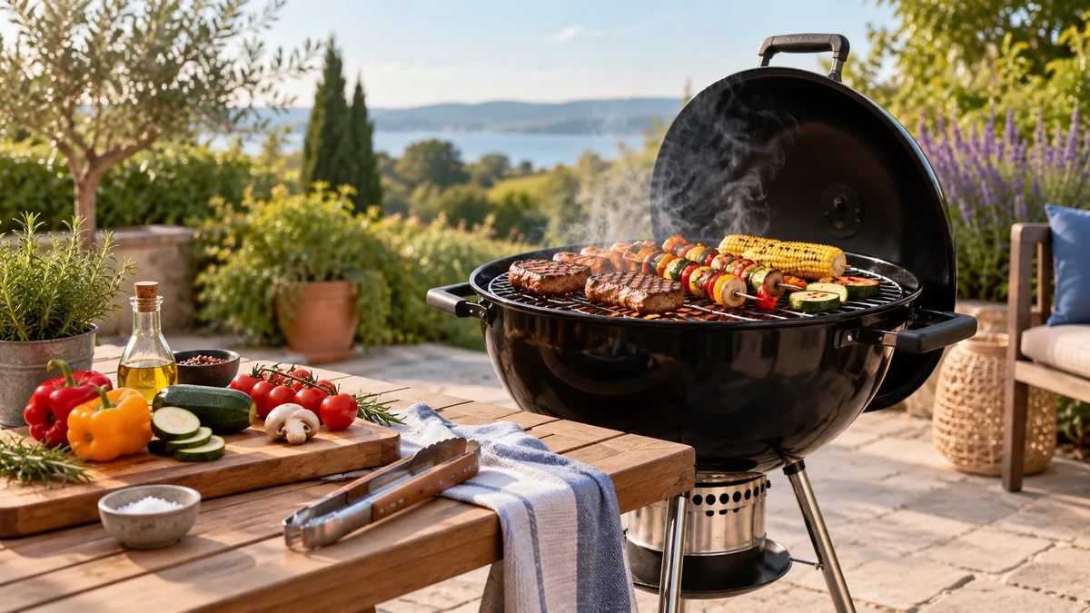 Typische unbeschriftete Produkte und Gegenstände aus dem Bereich Grillen in einem redaktionellen Stillleben