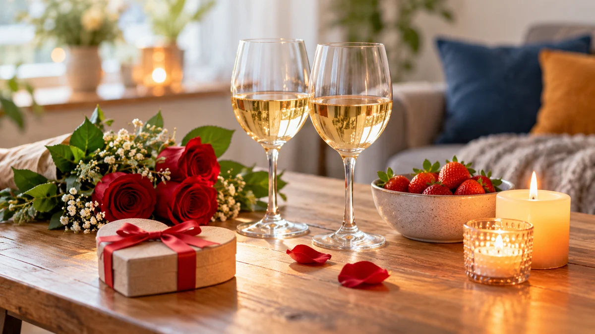 Typische unbeschriftete Produkte und Gegenstände aus dem Bereich Dating in einem redaktionellen Stillleben