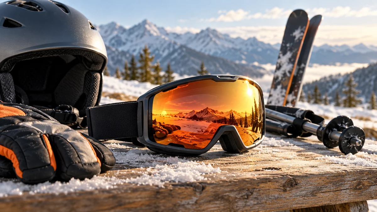 Typische unbeschriftete Produkte und Gegenstände aus dem Bereich Skibrillen in einem redaktionellen Stillleben