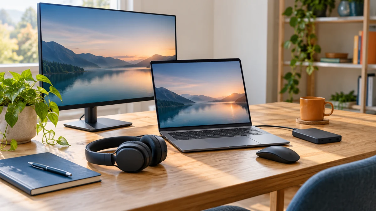 Typische unbeschriftete Produkte und Gegenstände aus dem Bereich Computer & Notebooks in einem redaktionellen Stillleben