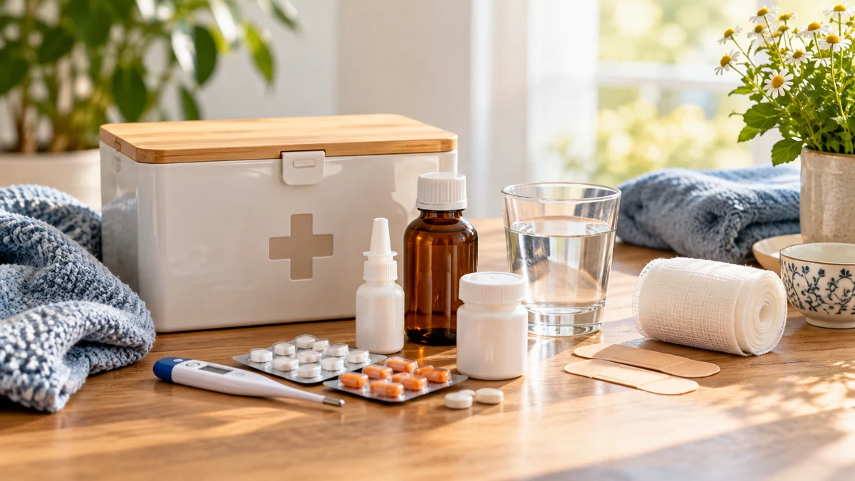 Typische unbeschriftete Produkte und Gegenstände aus dem Bereich Apotheke in einem redaktionellen Stillleben