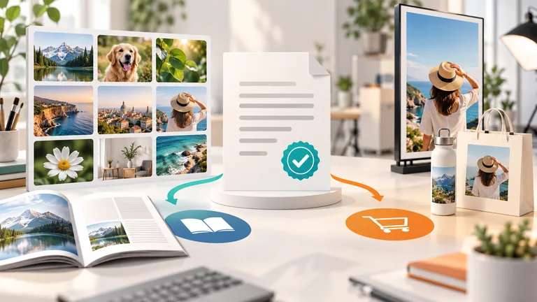 Stockfoto-Auswahl neben Lizenzdokument und Beispielen für redaktionelle und kommerzielle Nutzung