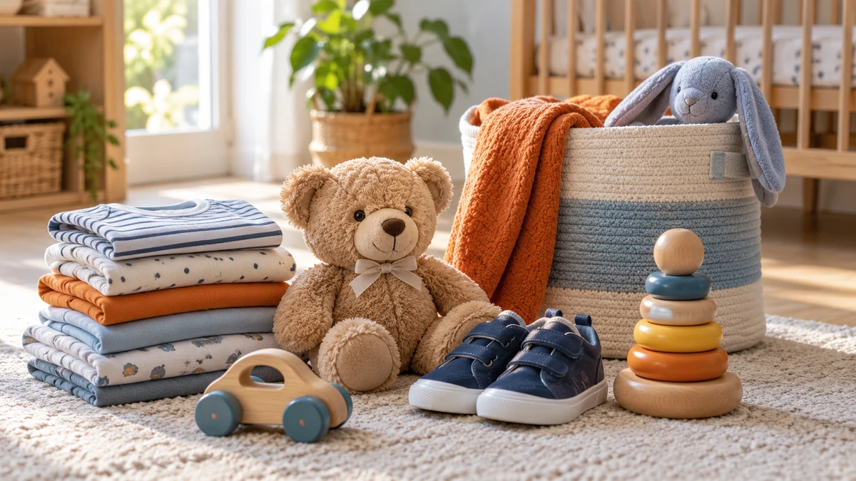 Typische unbeschriftete Produkte und Gegenstände aus dem Bereich Kindersachen in einem redaktionellen Stillleben