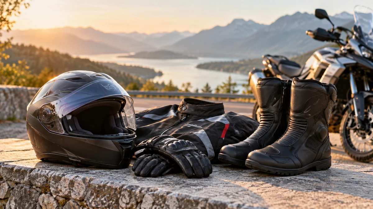 Typische unbeschriftete Produkte und Gegenstände aus dem Bereich Motorrad in einem redaktionellen Stillleben