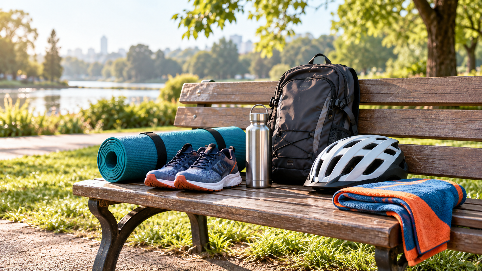 Sportschuhe, Trainingsmatte, Rucksack und Fahrradhelm auf einer Parkbank