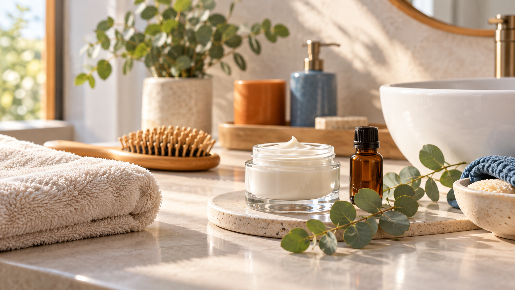 Pflegeprodukte, Handtuch, Haarbürste und Eukalyptus auf einer hellen Ablage