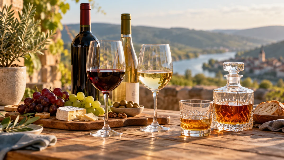 Typische unbeschriftete Produkte und Gegenstände aus dem Bereich Wein & Spirituosen in einem redaktionellen Stillleben