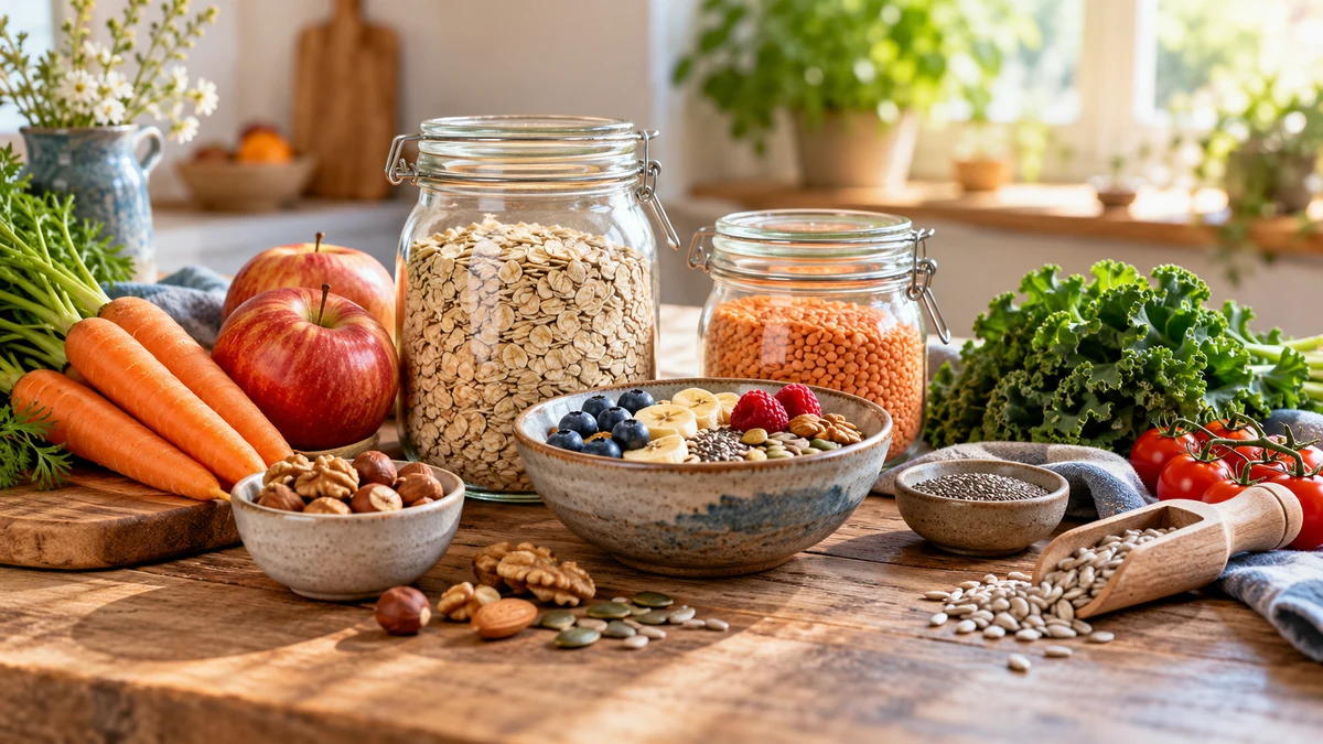 Typische unbeschriftete Produkte und Gegenstände aus dem Bereich Naturkost in einem redaktionellen Stillleben