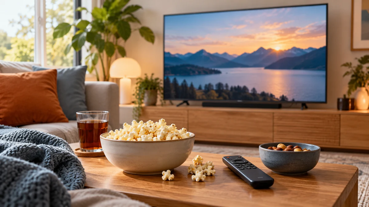 Typische unbeschriftete Produkte und Gegenstände aus dem Bereich Video-on-Demand in einem redaktionellen Stillleben