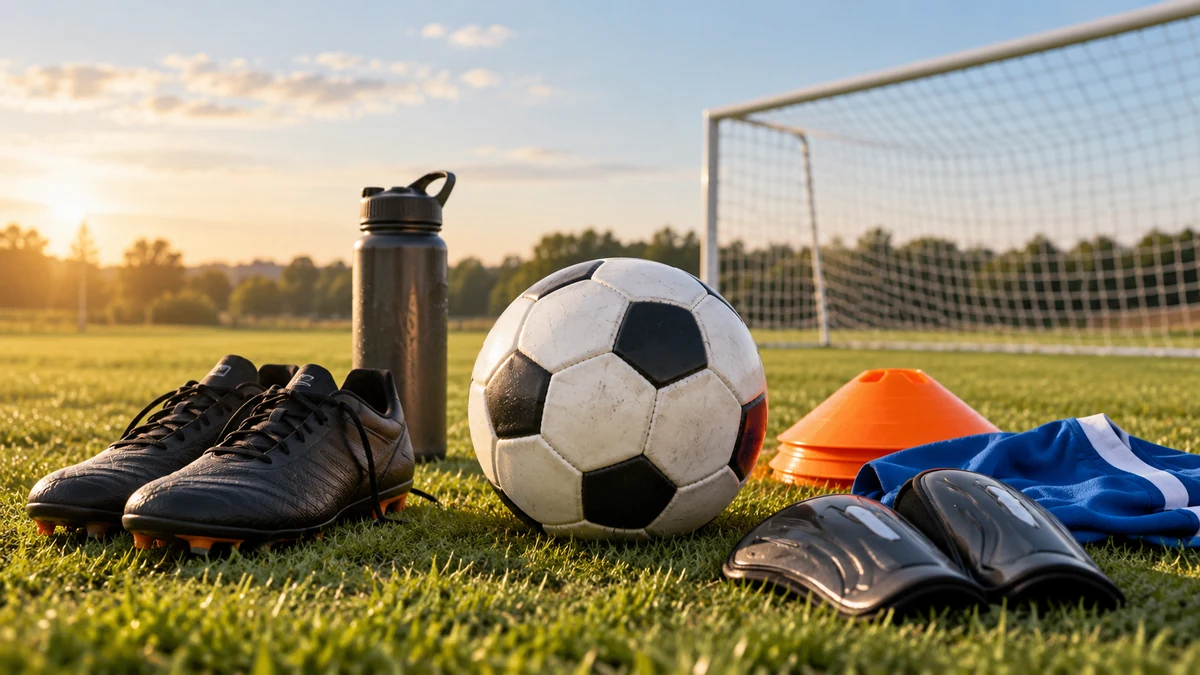 Typische unbeschriftete Produkte und Gegenstände aus dem Bereich Fußball in einem redaktionellen Stillleben