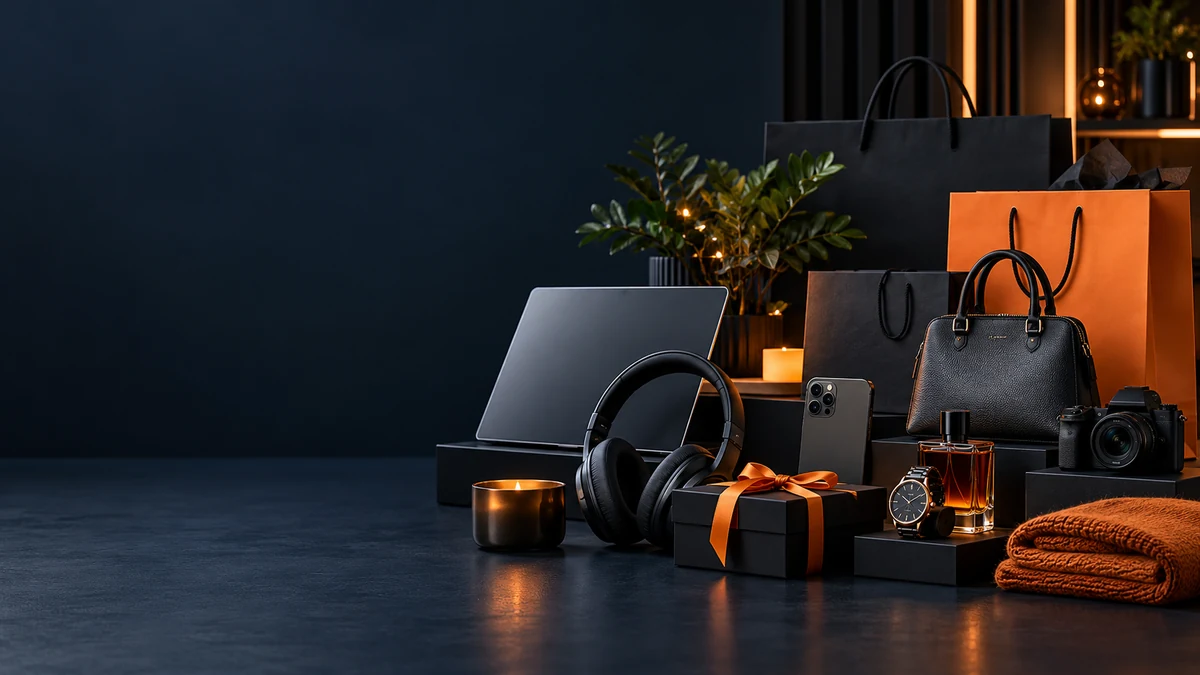 Dunkle Shopping-Szene mit Technik, Accessoires und orangefarbenen Akzenten