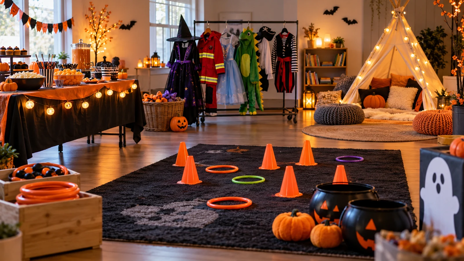 Kinderfreundliche Halloween-Feier mit gut sichtbaren Kostümen, LED-Laternen und Spielstation.