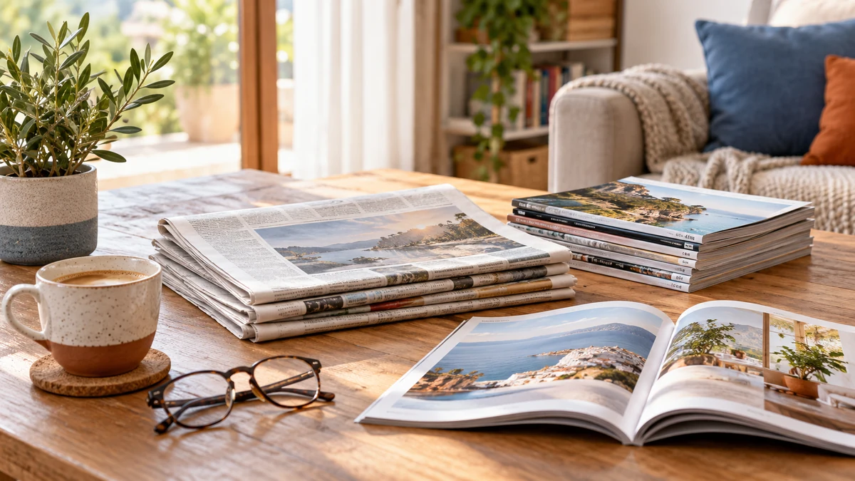 Typische unbeschriftete Produkte und Gegenstände aus dem Bereich Zeitungen & Zeitschriften in einem redaktionellen Stillleben