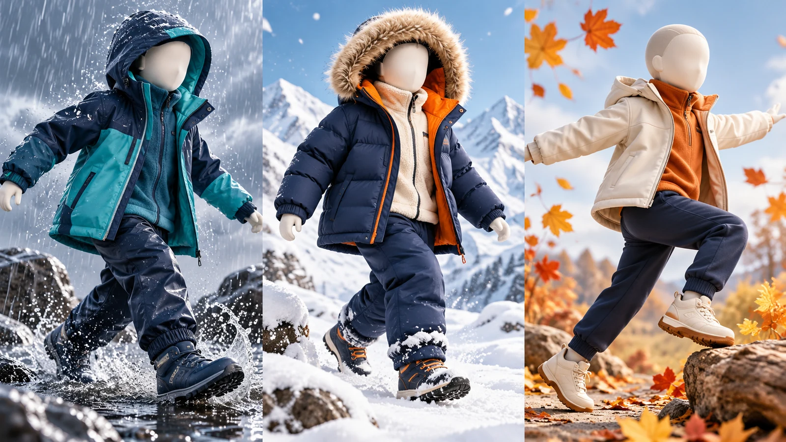 Kinderjacken für Regen, Schichten und kaltes Winterwetter auf drei Puppen
