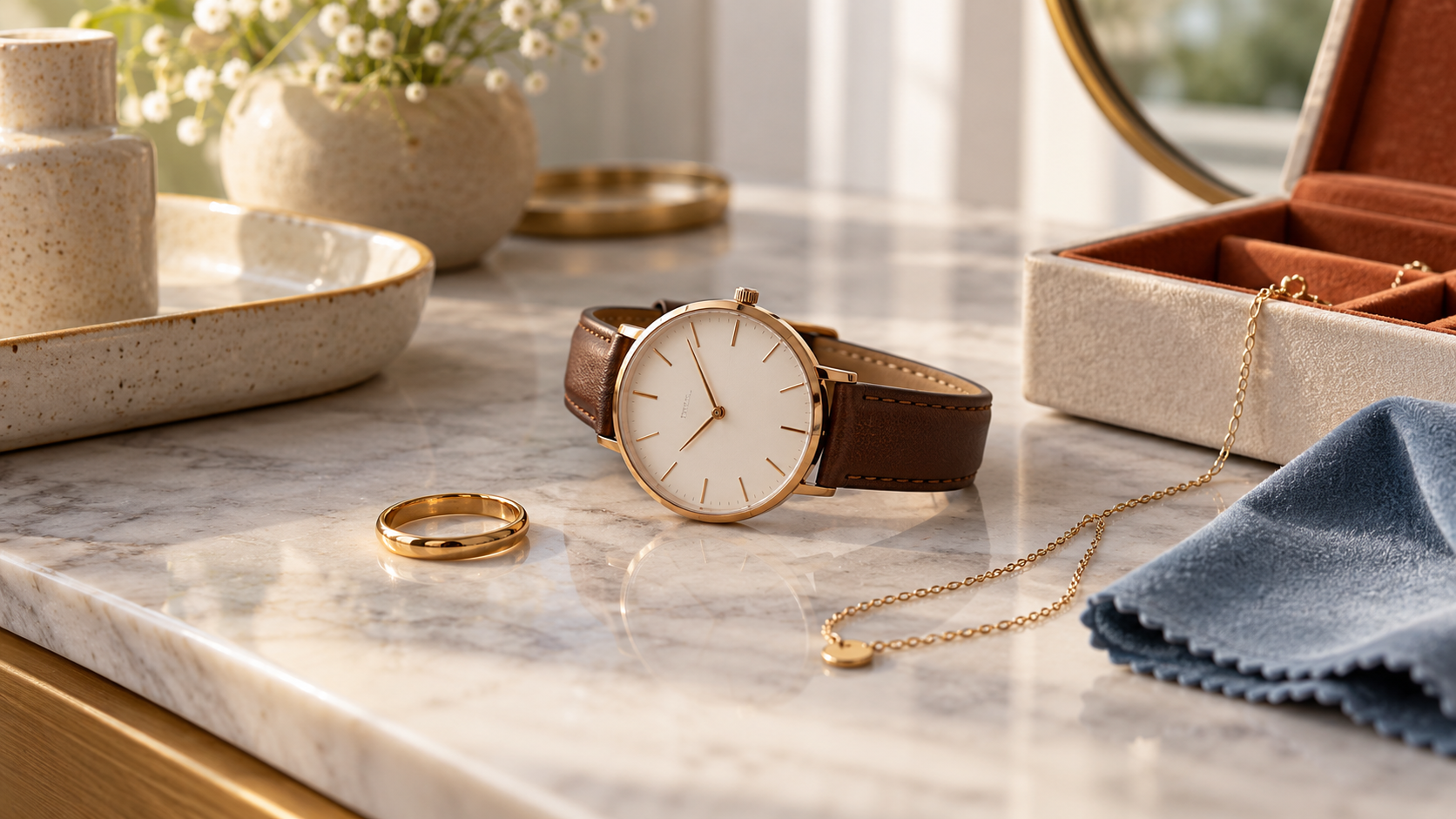 Armbanduhr, Ring und Kette neben einem Schmuckkästchen