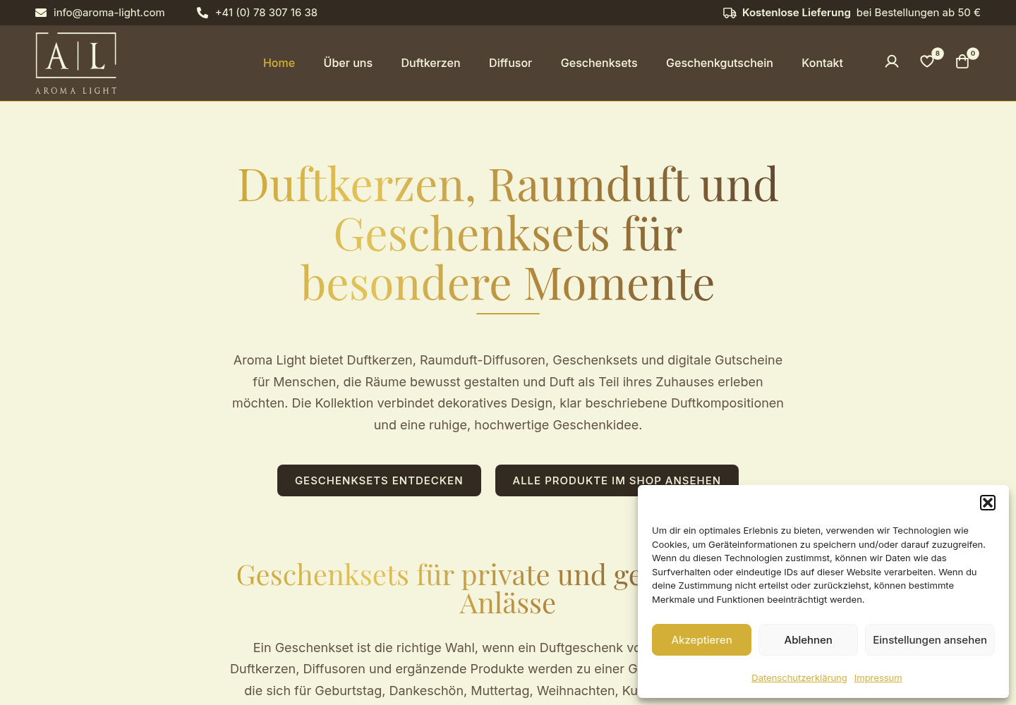 Screenshot der Website von Aroma Light