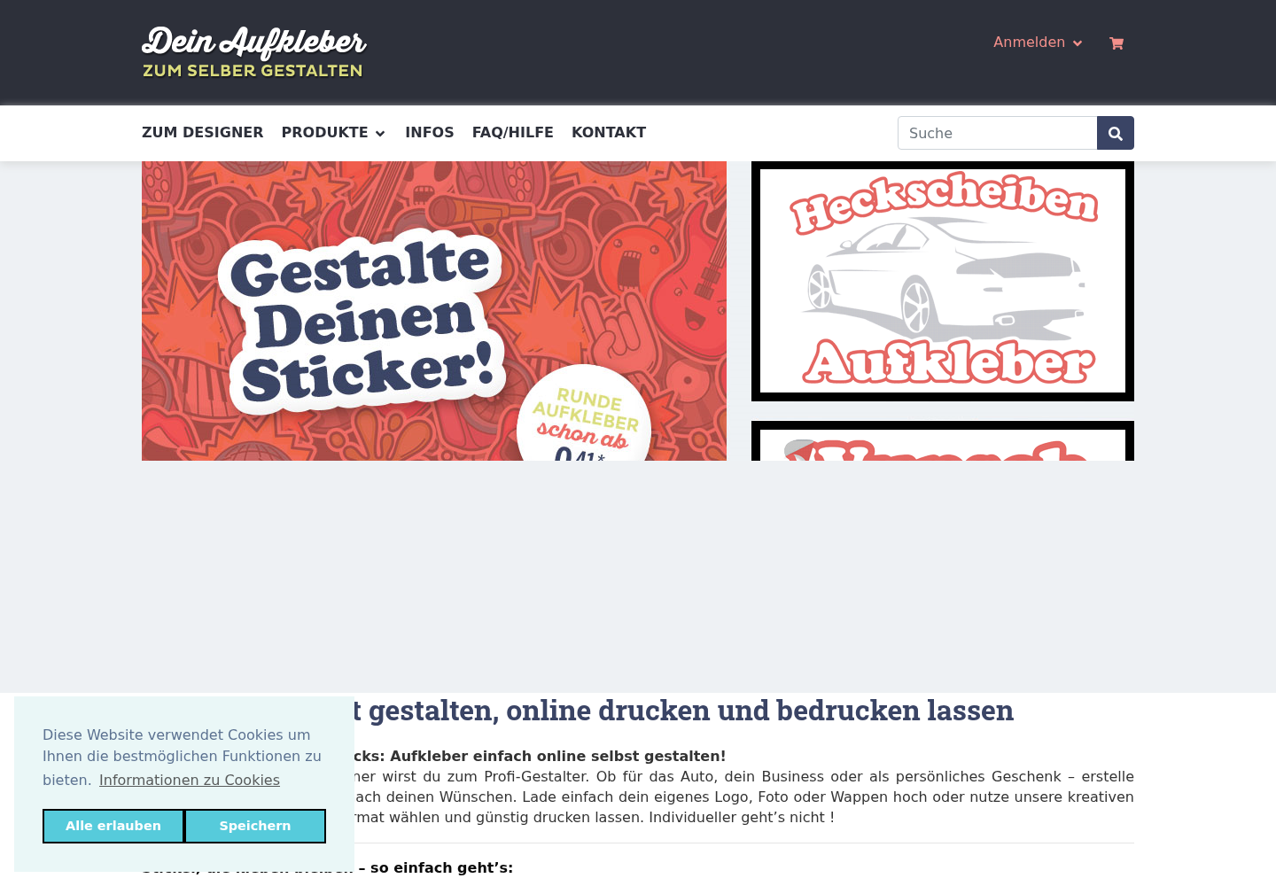 Screenshot der Website von Aufkleber-selber-gestalten.de