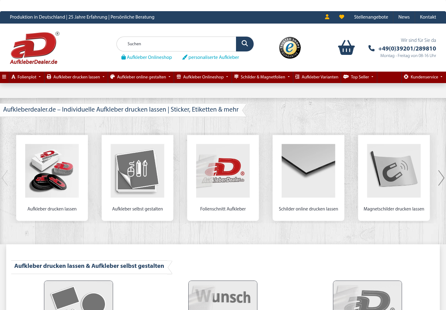 Screenshot der Website von AufkleberDealer