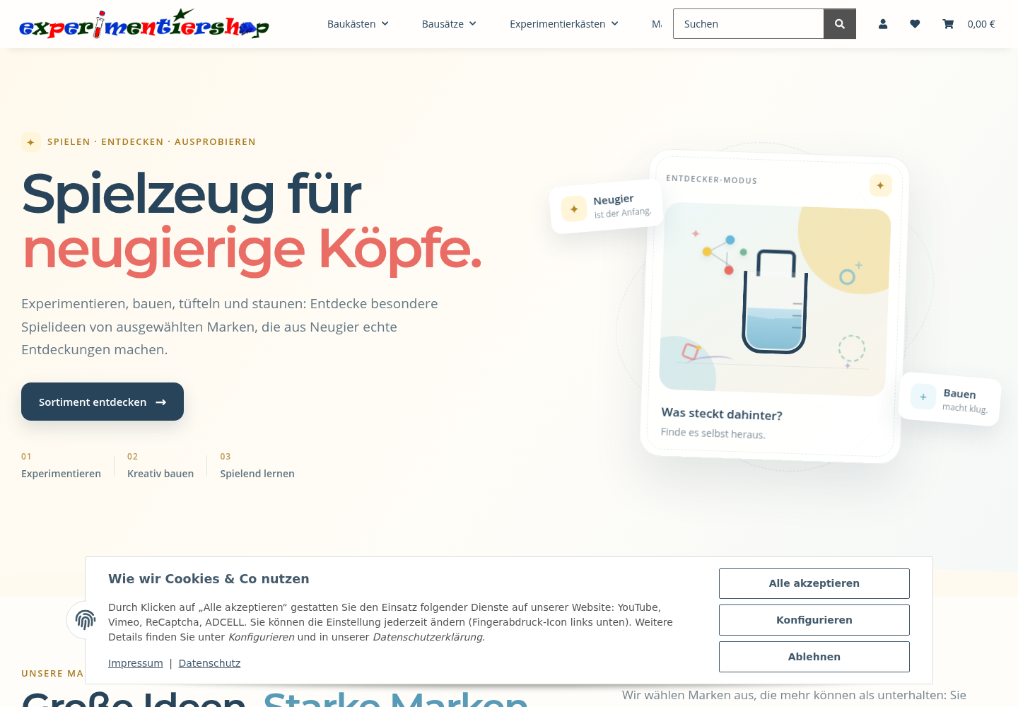 Screenshot der Website von Experimentiershop
