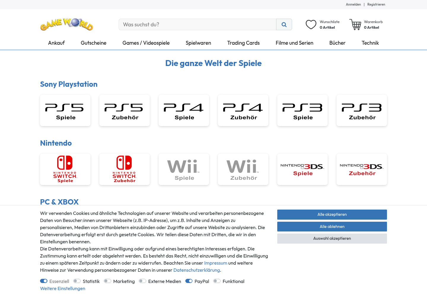 Screenshot der Website von Game World Verkauf