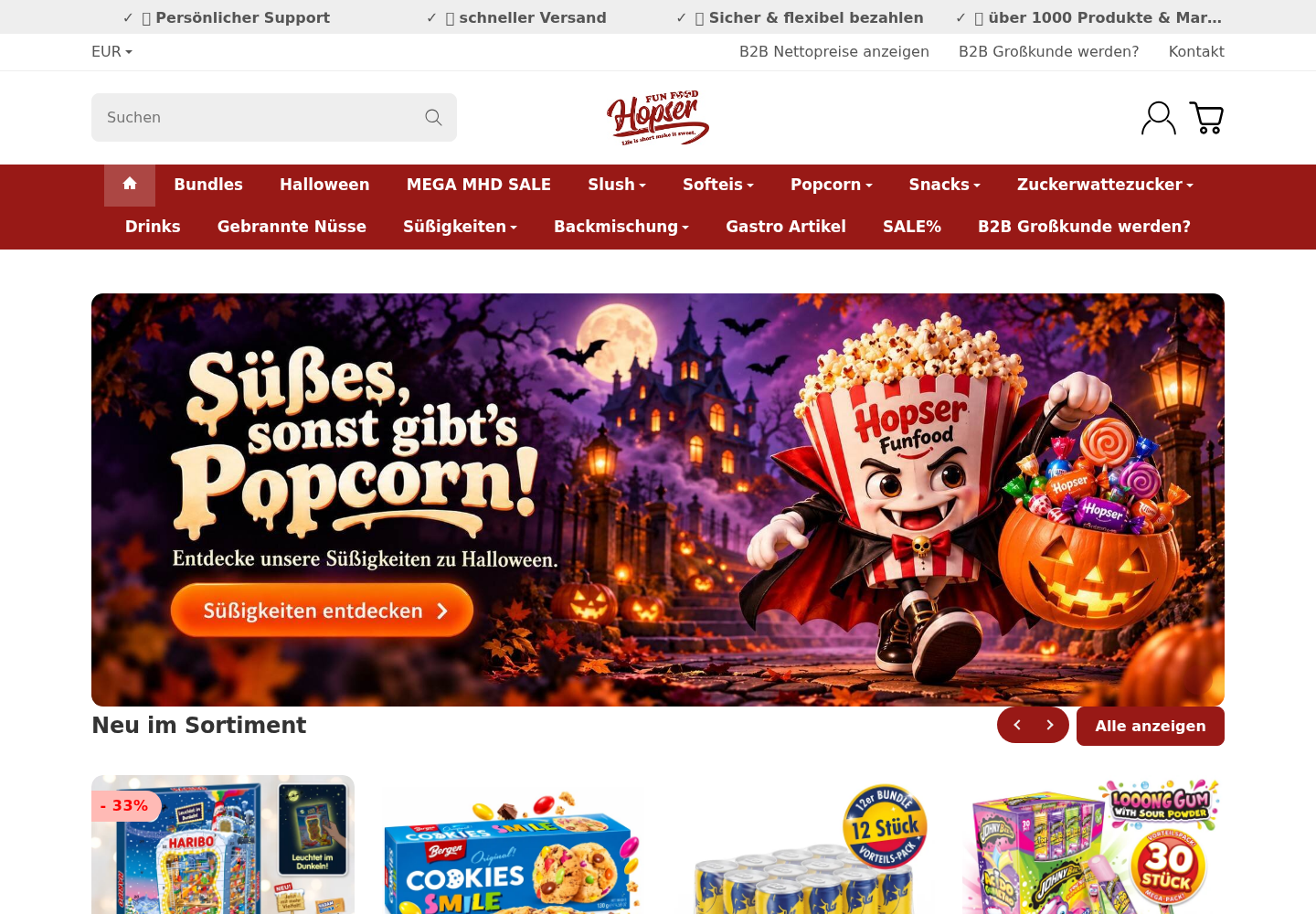 Screenshot der Website von Hopser Funfood
