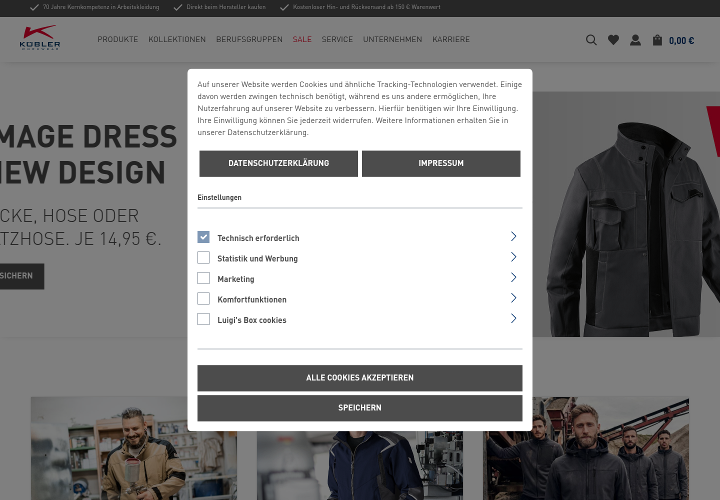 Screenshot der Website von Kübler Workwear
