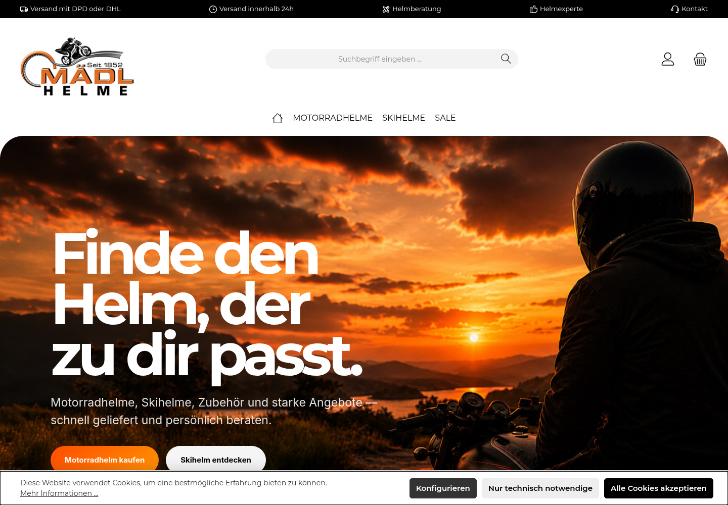 Screenshot der Website von Mädl Motorradhelme