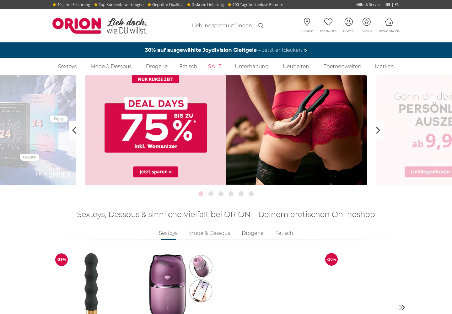 Screenshot der Website von Orion